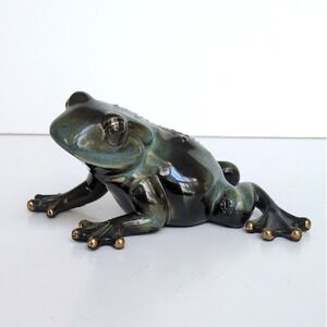 Golden Pond Collection Bull Frog Toad Ceramic Figurine Greens Textured Gold Toes